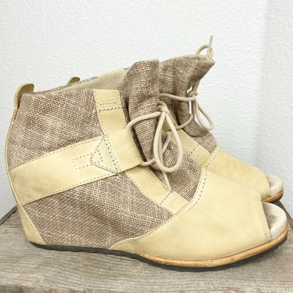 Sorel Wedge Canvas Sandals in Tan and Leather